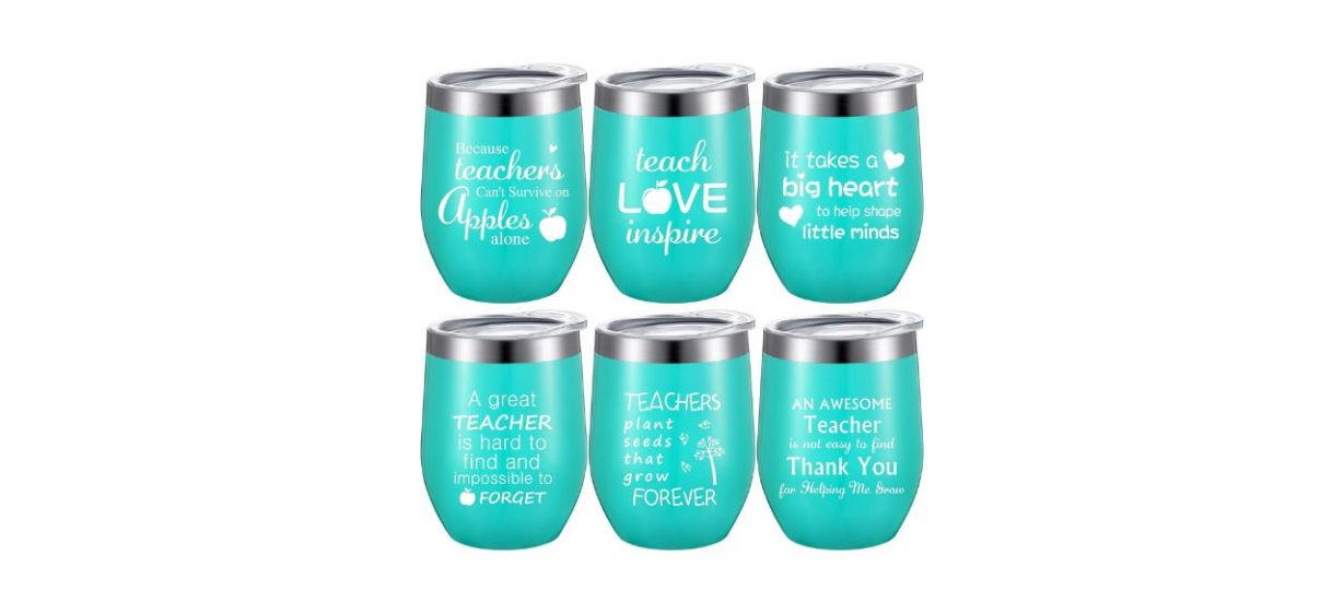 6 aqua-colored Teacher Appreciation Coffee Mugs with insulated lids