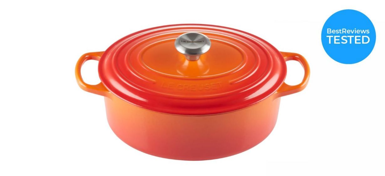 Le Creuset dutch oven on white background