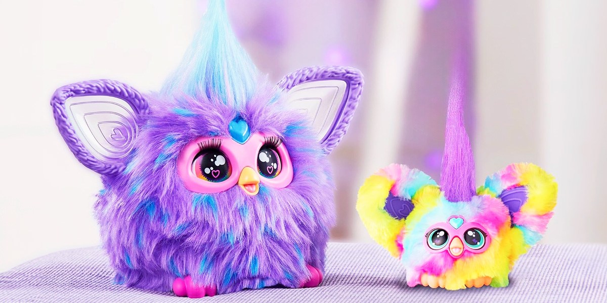A purple and a yellow Furby